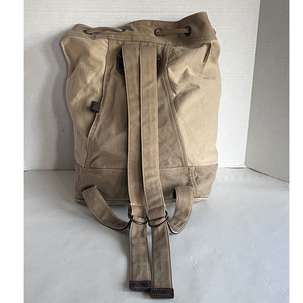 Life is Good Canvas Bucket Backpack Khaki Cotton Leather Trim Drawstring Bag - Picture 3 of 16